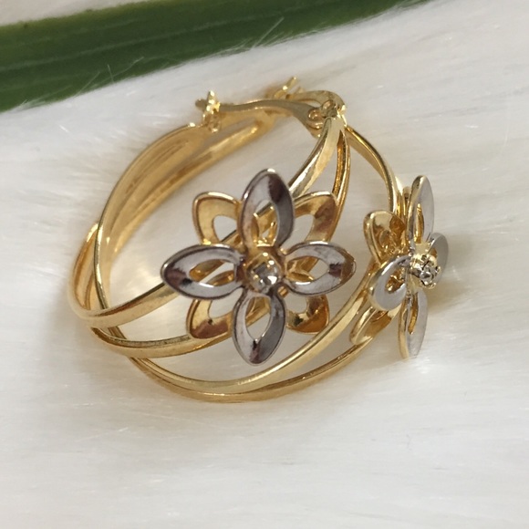 18K Brazilian Gold Filled Jewelry Flower Design Round Hoop